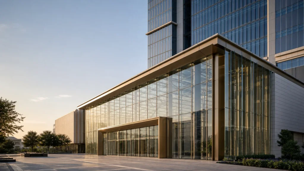 International exhibition building and commercial tower demonstrating structural and unitized curtain-wall systems
