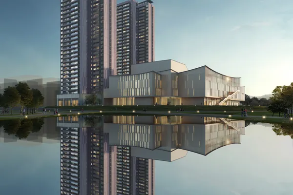 Close view of Maoming theatre glass curtain wall and stone fins