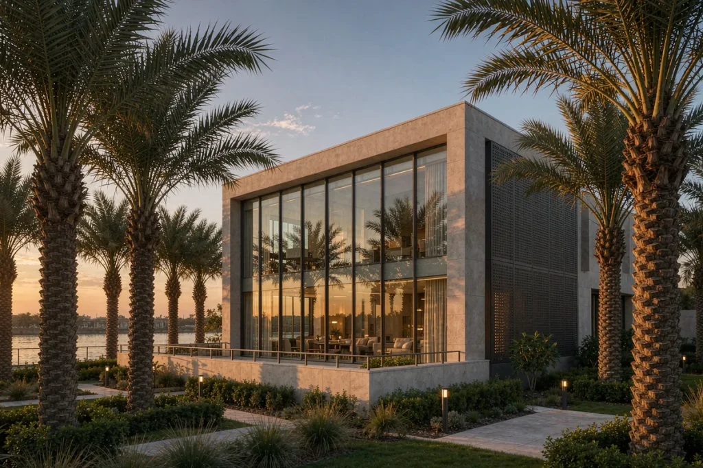 Two-storey riverside residence in Baghdad Iraq with a full-height stick curtain wall facing a palm garden toward the river and a perforated screen wall on the street side
