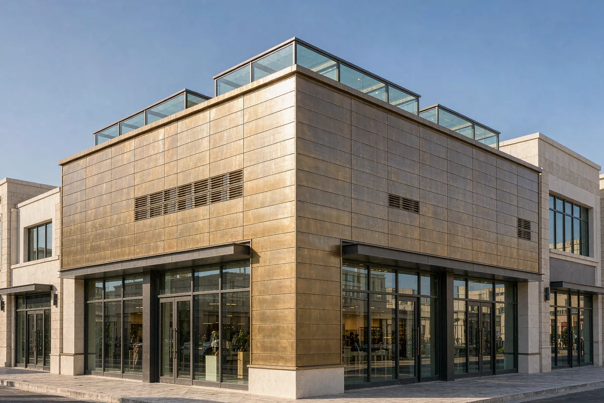 Small boutique commercial building in Doha with a back-ventilated aluminium rainscreen facade renovation and upgraded glass rooflights