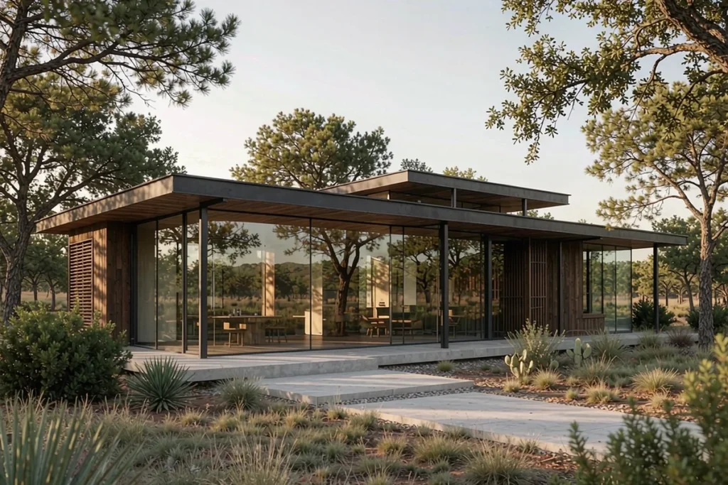 Long minimalist family house in a wooded lot with a continuous frameless glass wall facing the trees