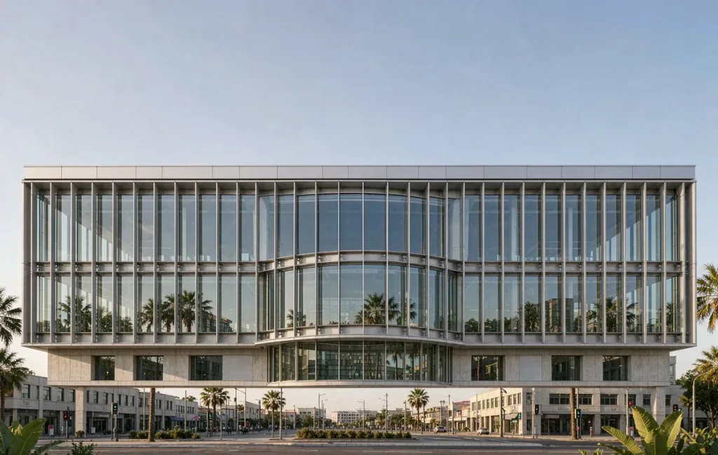 Modern low-rise exhibition hall in central Harare with hybrid stick curtain wall and aluminium-clad steel long-span framing under bright tropical daylight