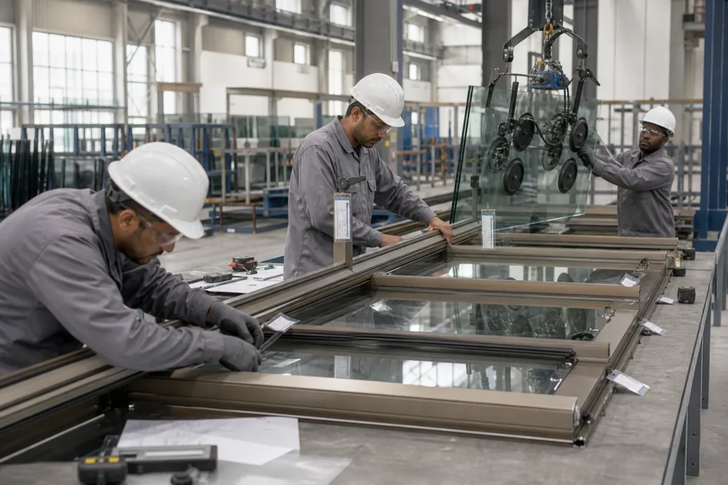 Technicians assembling and inspecting bronze aluminium and glass facade modules in a modern curtain-wall factory