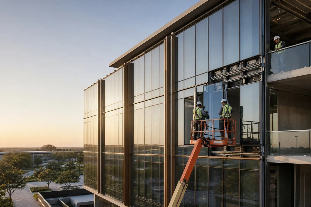 Facade technicians installing a unitized glass curtain-wall panel on a contemporary building