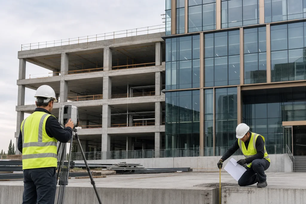 Facade engineers surveying slab edges and glazed facade interfaces on an active construction site
