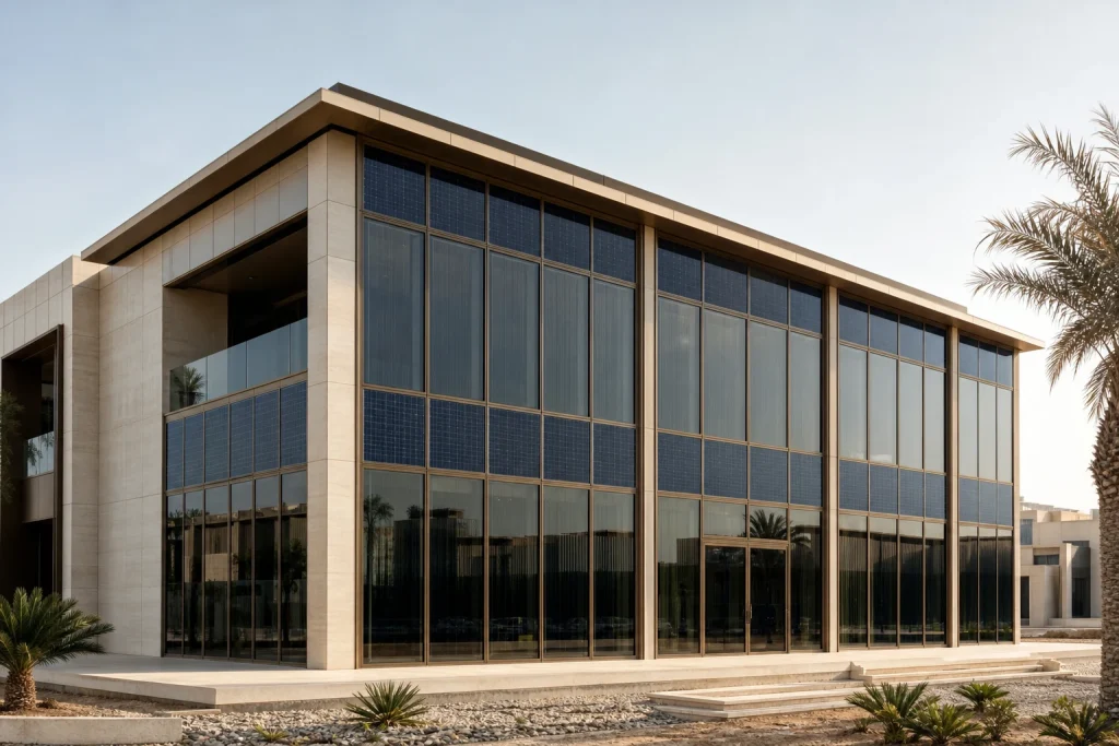 Building-integrated photovoltaic glass facade on a contemporary Gulf building