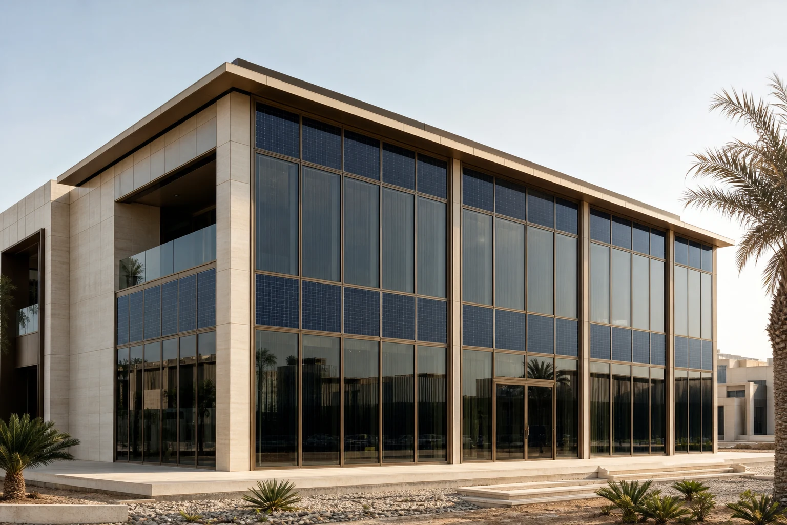 Contemporary Gulf building with photovoltaic glass integrated into the curtain-wall grid