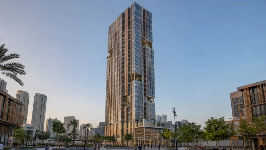 Dubai mixed-use high-rise with a unitized glass facade and bronze solar fins