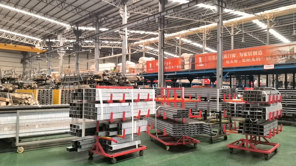 Labelled aluminium facade profiles staged in factory racks for production