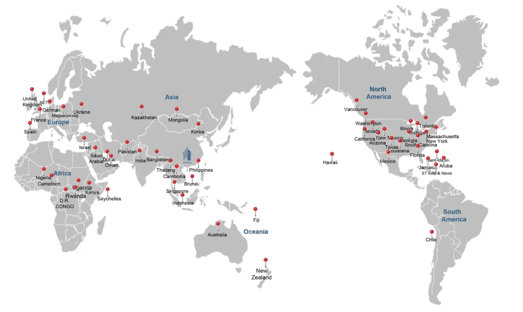 Starveil global business scope map highlighting service regions across the Middle East, Asia, Europe, Africa, Oceania and the Americas