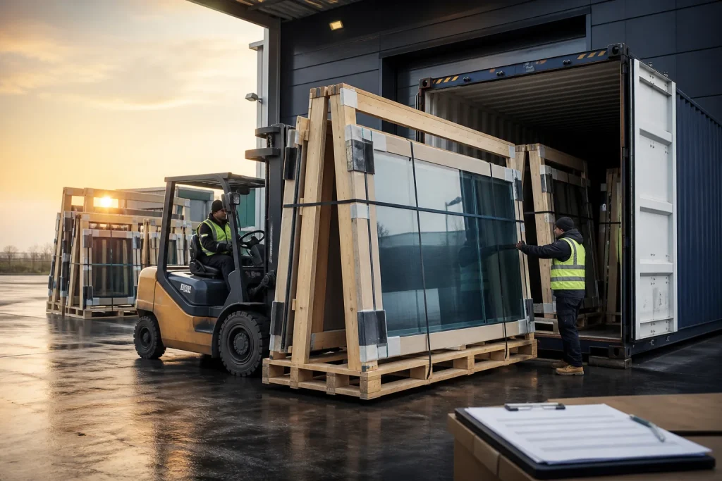 Protected glazed facade panels being loaded for delivery