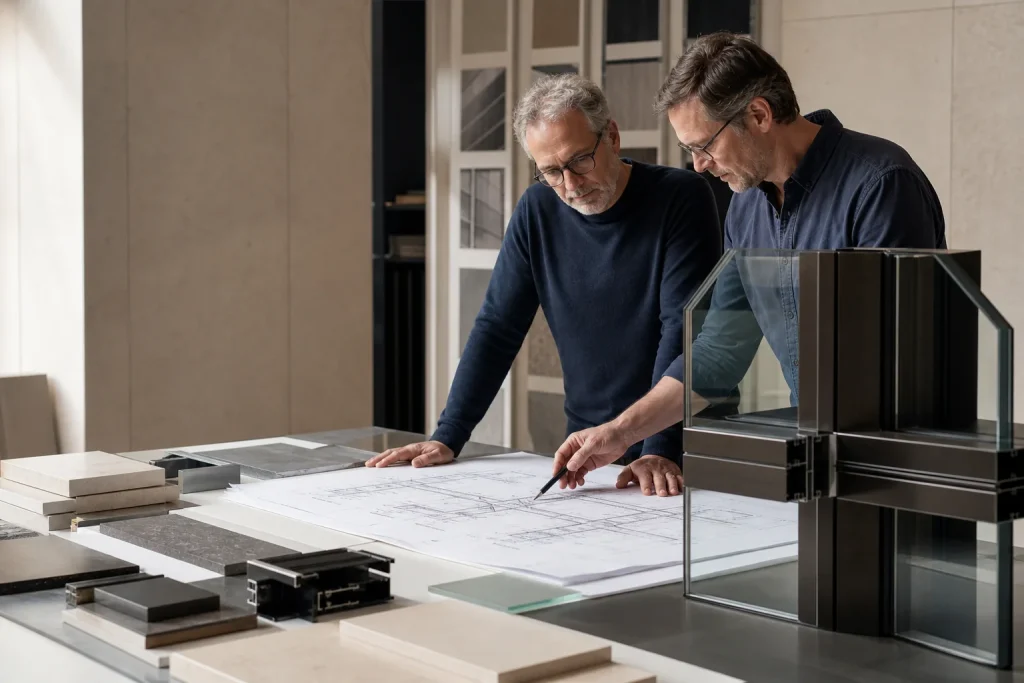 Facade engineers reviewing shop drawings beside aluminium and glass system samples