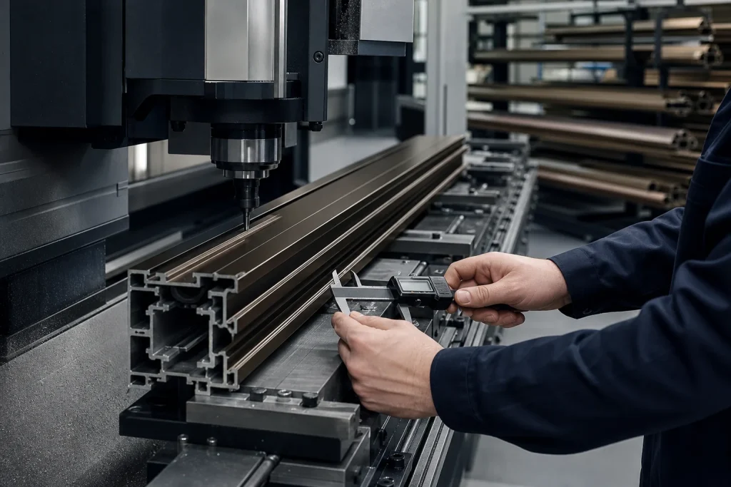 Precision CNC machining and dimensional inspection of an aluminium facade profile