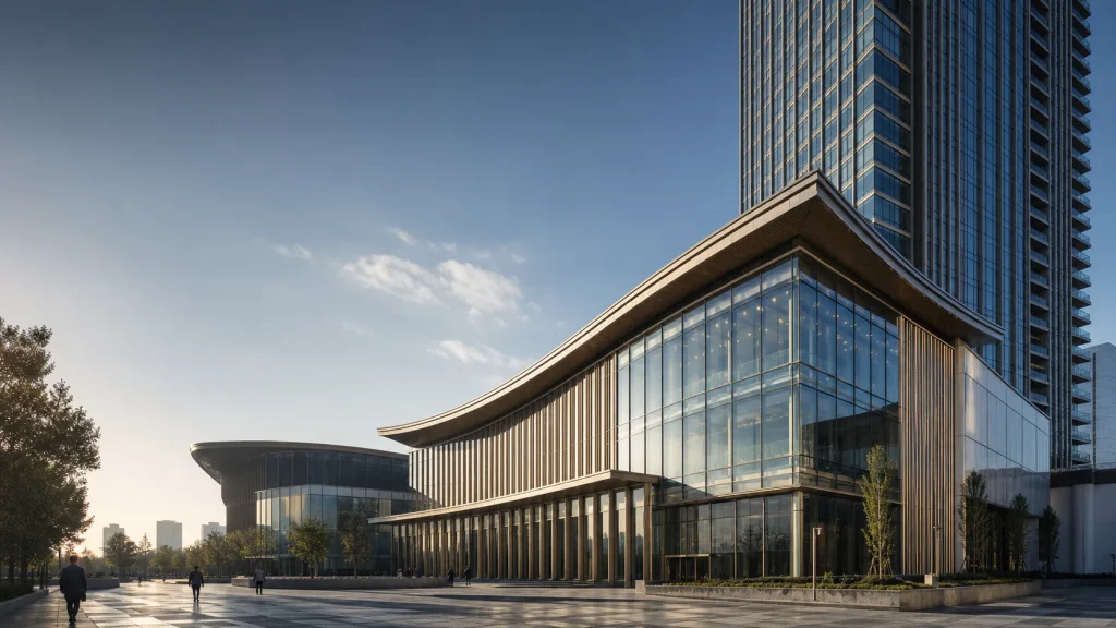 International performing-arts and exhibition complex with a unitized glass curtain wall and an integrated high-rise tower