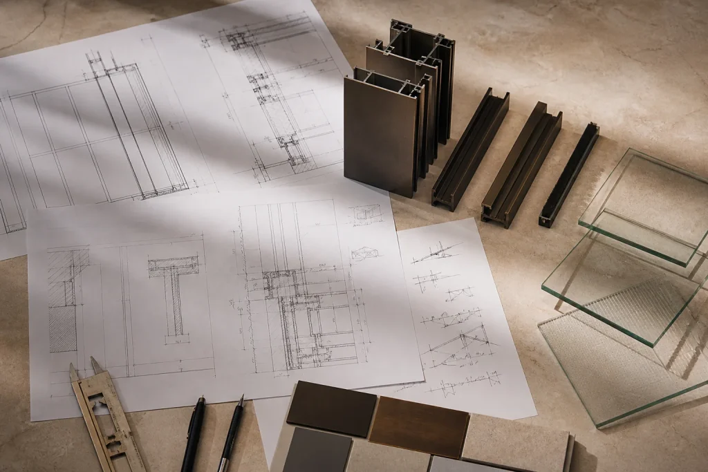 Facade drawings, aluminium profiles and glass samples arranged for technical review