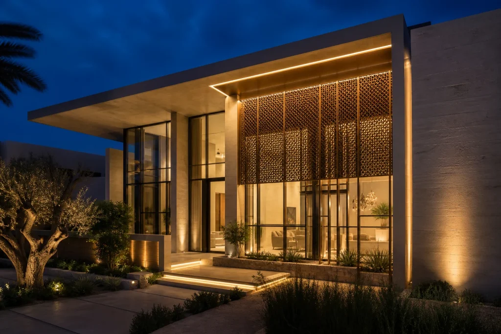 Contemporary glass facade with lighting integrated into the aluminium grid at night