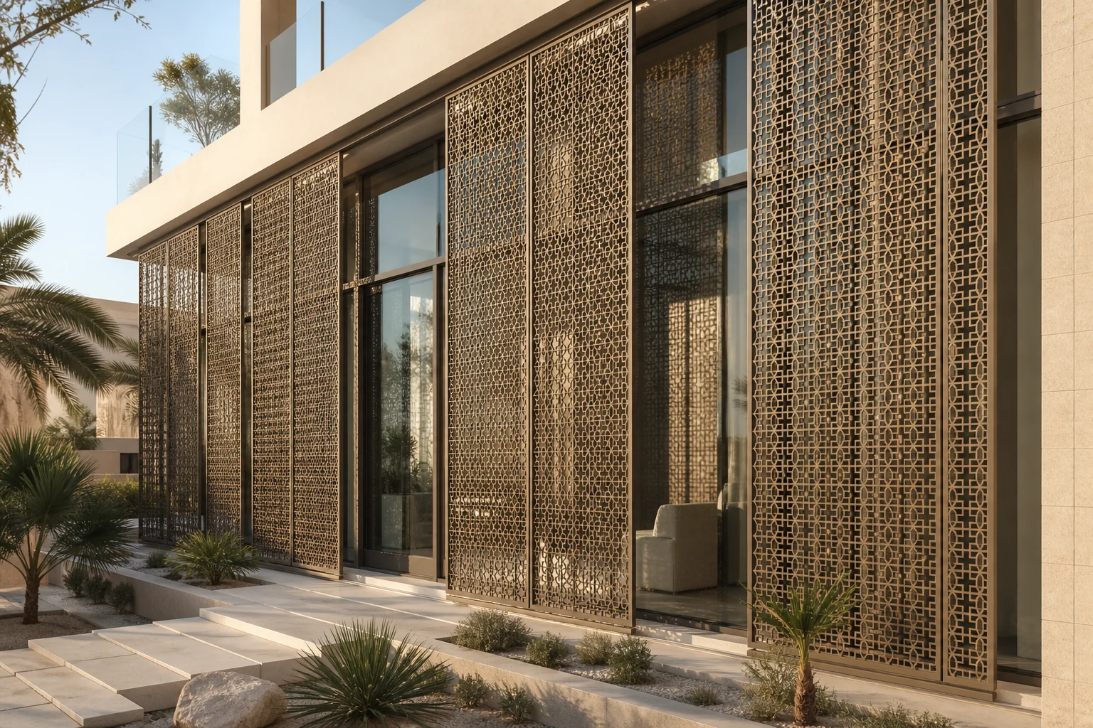 Champagne-bronze Mashrabiya screens shading a glazed Gulf building elevation