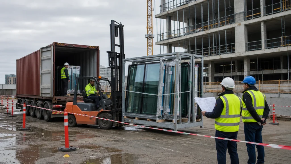 Unitized facade panels safely unloaded from a shipping container at an international project site