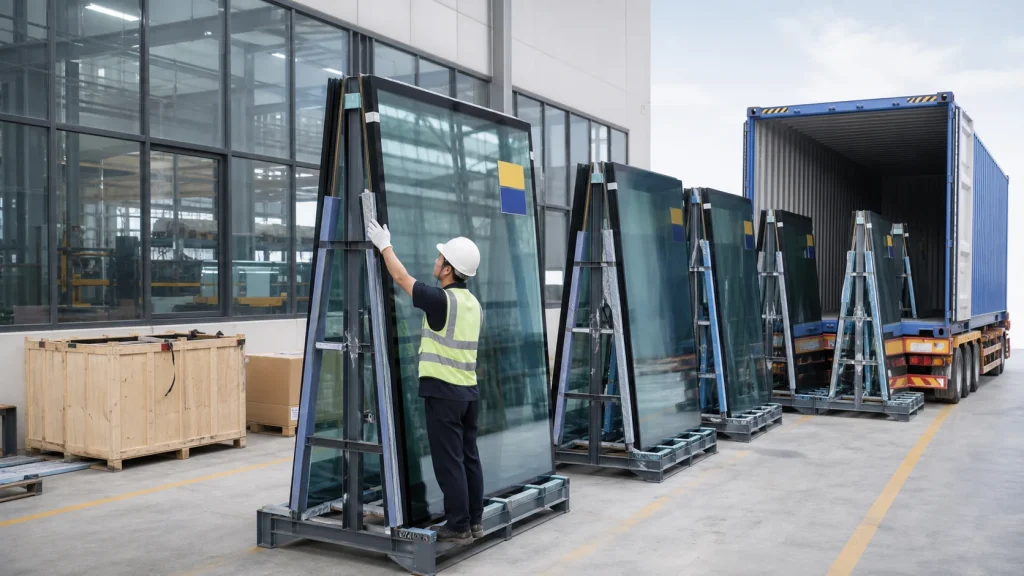 Protected facade panels inspected beside a shipping container before international delivery