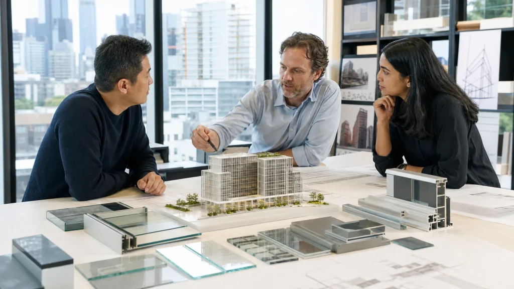 International architect, developer and facade engineer reviewing a building model, curtain-wall profiles and glass samples