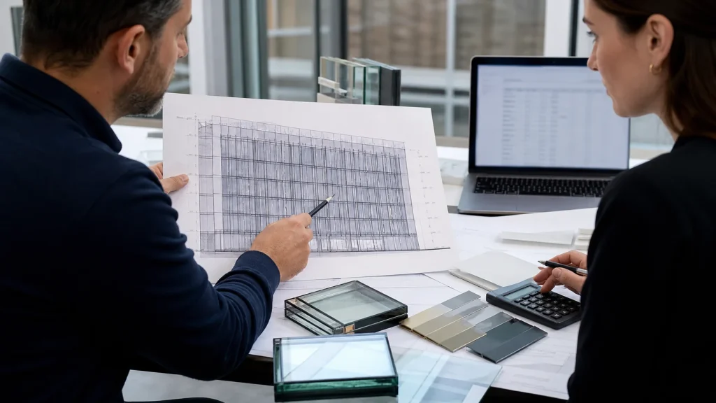 Facade consultants reviewing curtain-wall quantities, material samples and budget calculations
