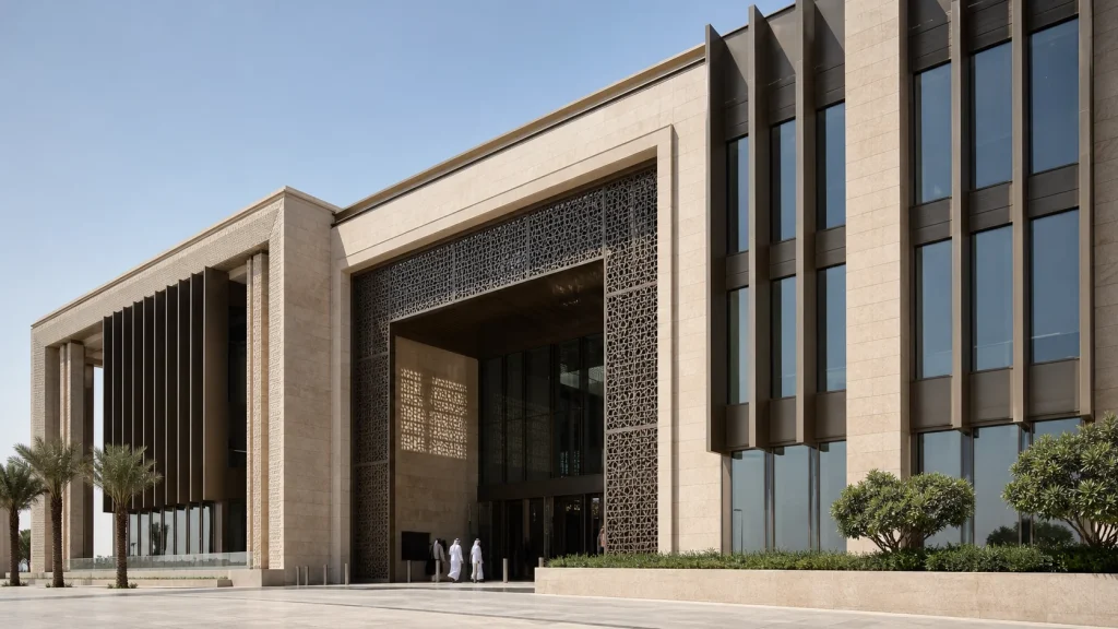 Contemporary GCC public building with high-performance glazing, deep fins and solar screens