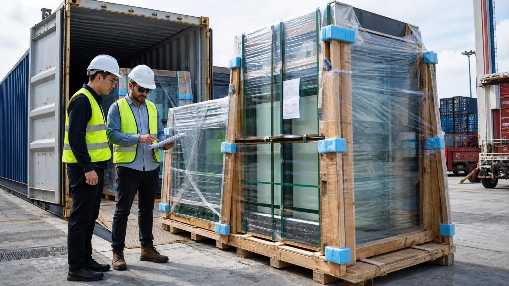 Facade specialists checking protected glazing crates and shipping documents at a container yard