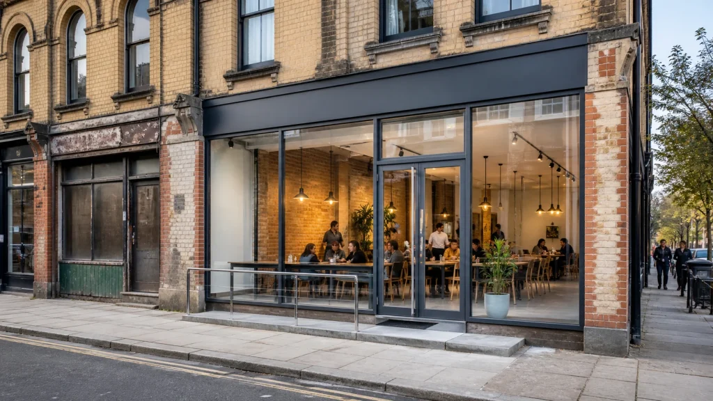 Modern glazed shopfront renovation shown beside the original ageing facade bay