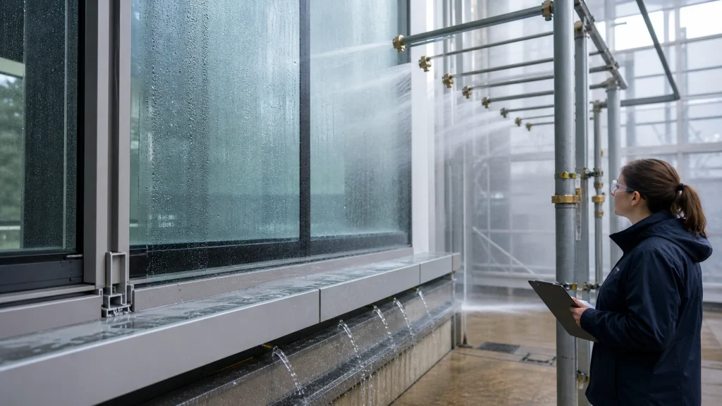 Curtain-wall test bay demonstrating controlled water spray and sill drainage paths