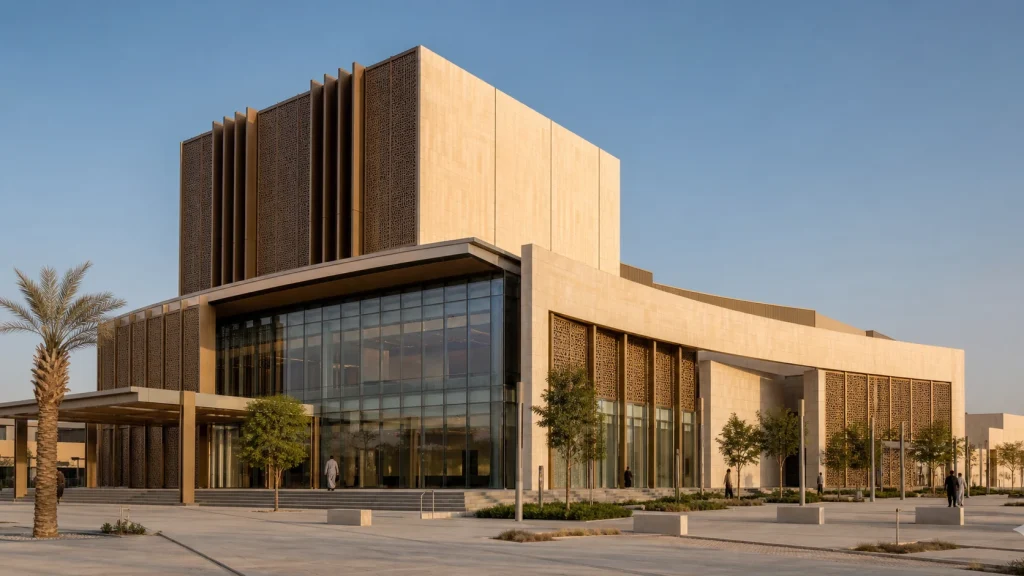 Contemporary public cultural building with a glazed foyer and bronze facade screens