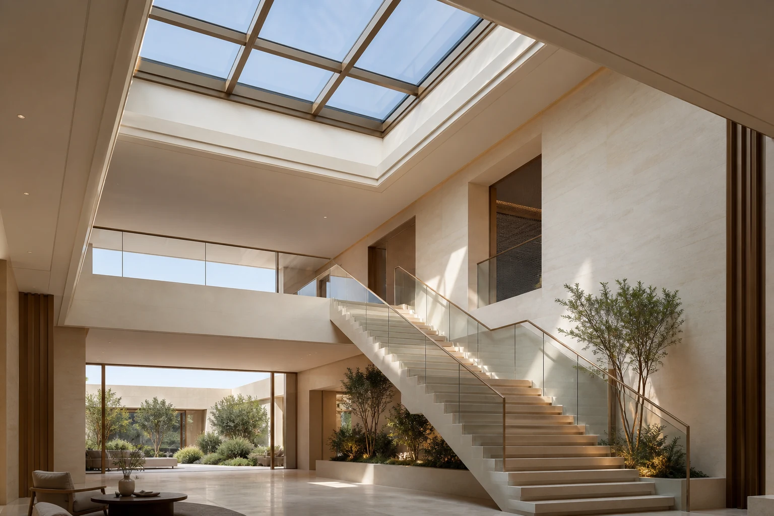 Solar-control glass rooflight bringing daylight into a double-height Gulf villa atrium