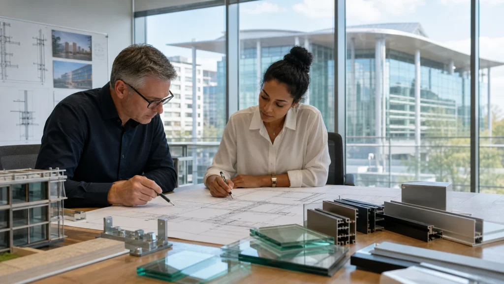 International facade engineer and architect reviewing curtain-wall drawings, profiles, anchors and glazing samples
