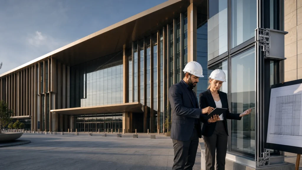 Facade consultants reviewing a full-scale curtain-wall mock-up beside a contemporary public building