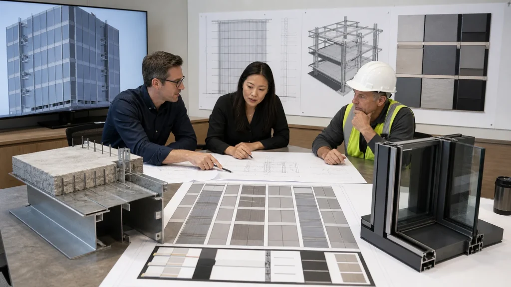 Facade, structural and construction teams coordinating shop drawings and a slab-edge interface mock-up