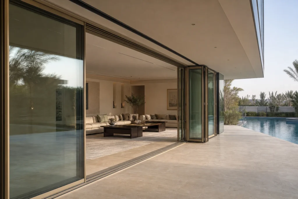 Large folding glass wall opening a Gulf villa majlis to a shaded pool terrace