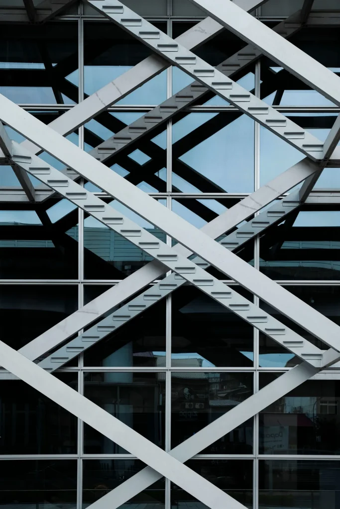 Real glass facade detail showing a framed curtain-wall grid