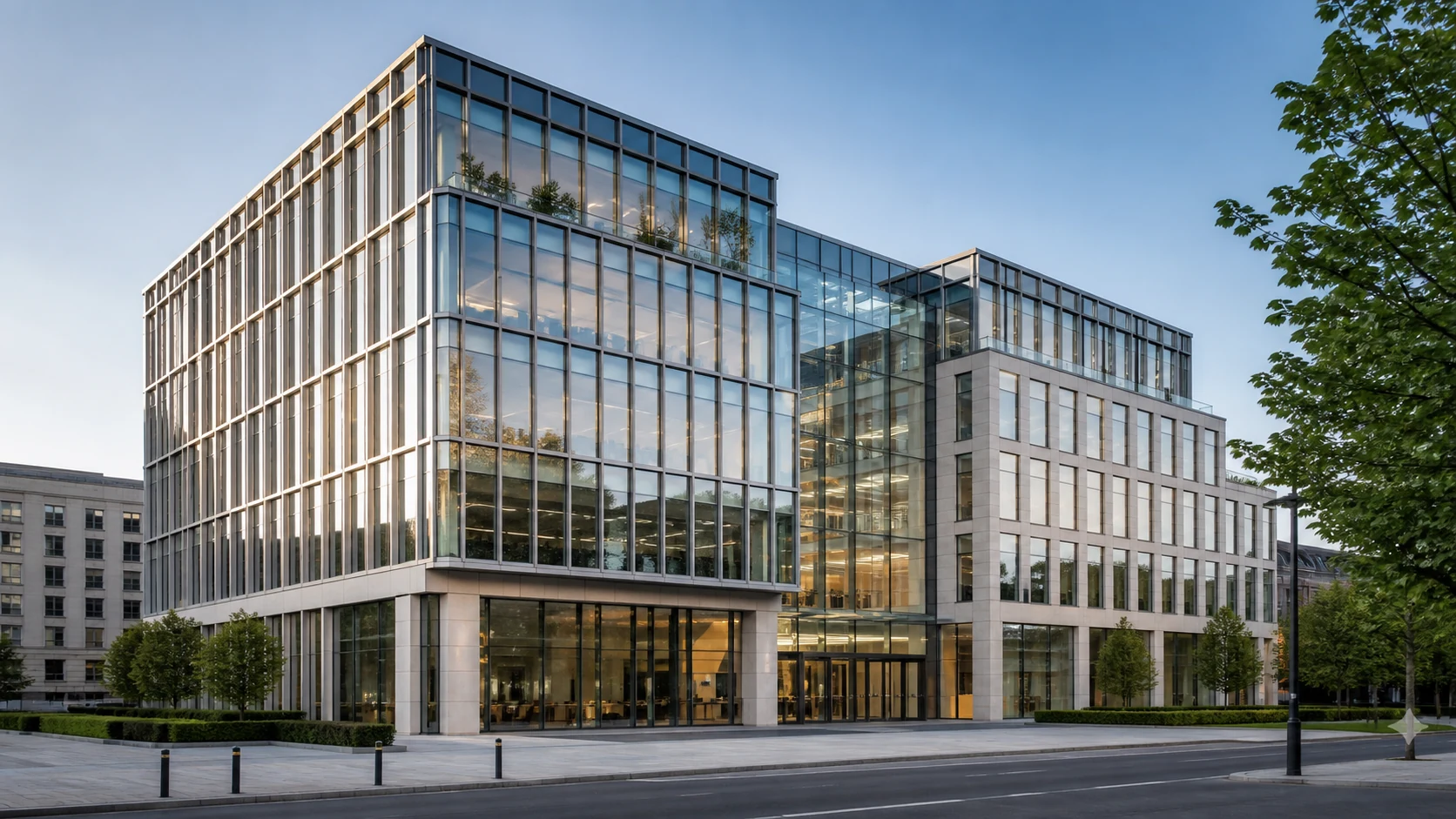 International commercial building with a precise site-assembled stick curtain-wall grid