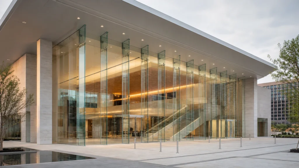 International cultural foyer with large-format structural glazing, glass fins and minimal sightlines