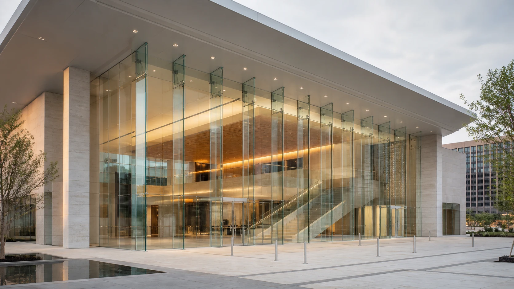 International cultural foyer with large-format structural glazing, glass fins and minimal sightlines