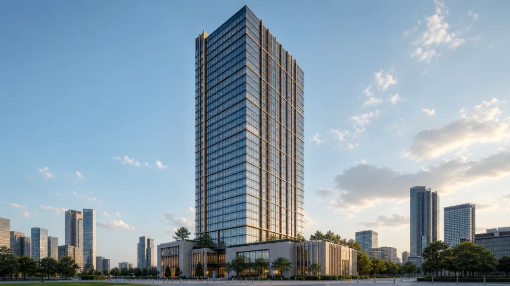 International high-rise tower with repeated factory-glazed unitized modules and bronze solar fins